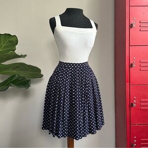 VTG Adrienne Vittadini 100% Silk Navy and White Polka Dot pleated Skater Skirt